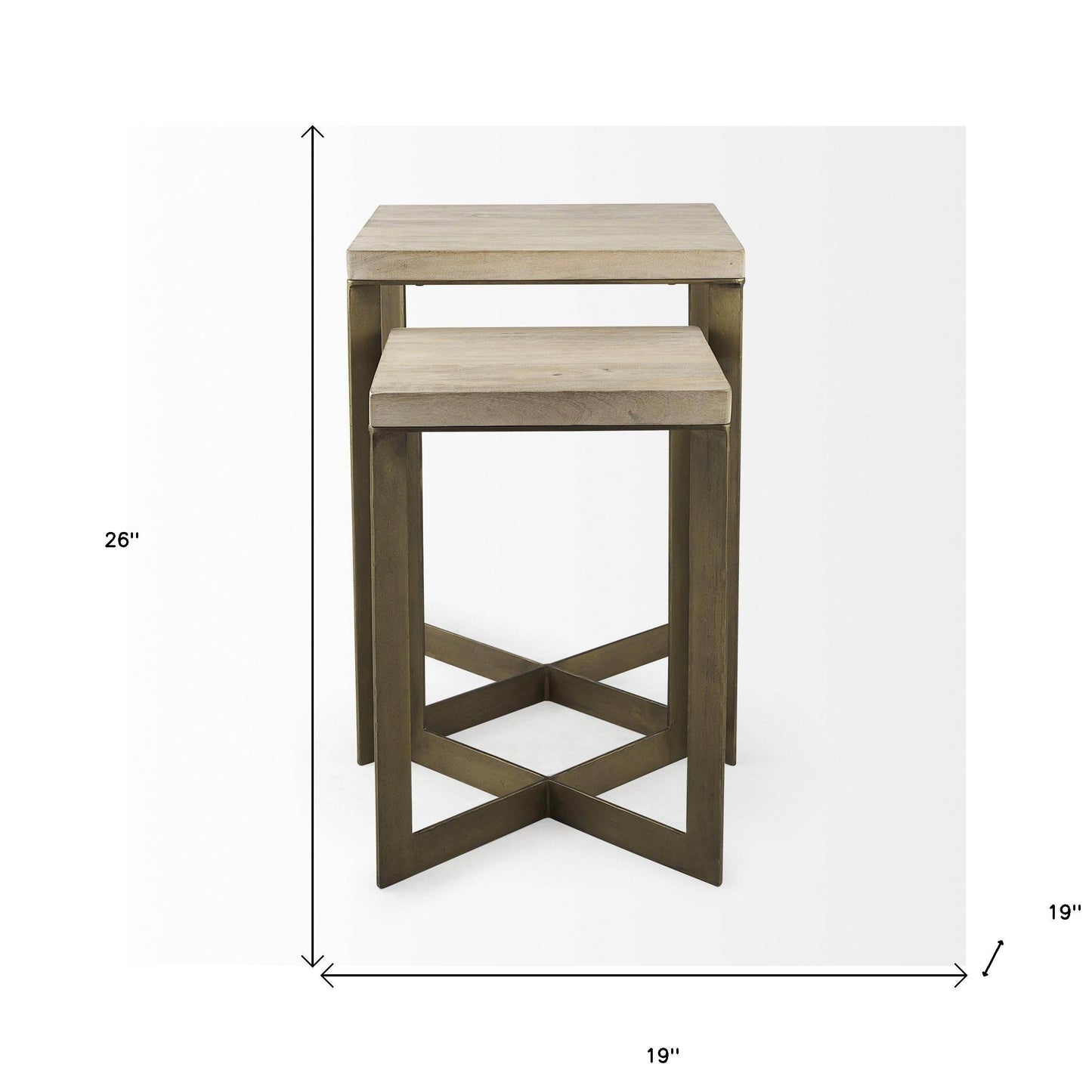 Set of Two Natural and Gold Solid Wood and Metal Square Cross Legs Nested Tables - Loft&Timber