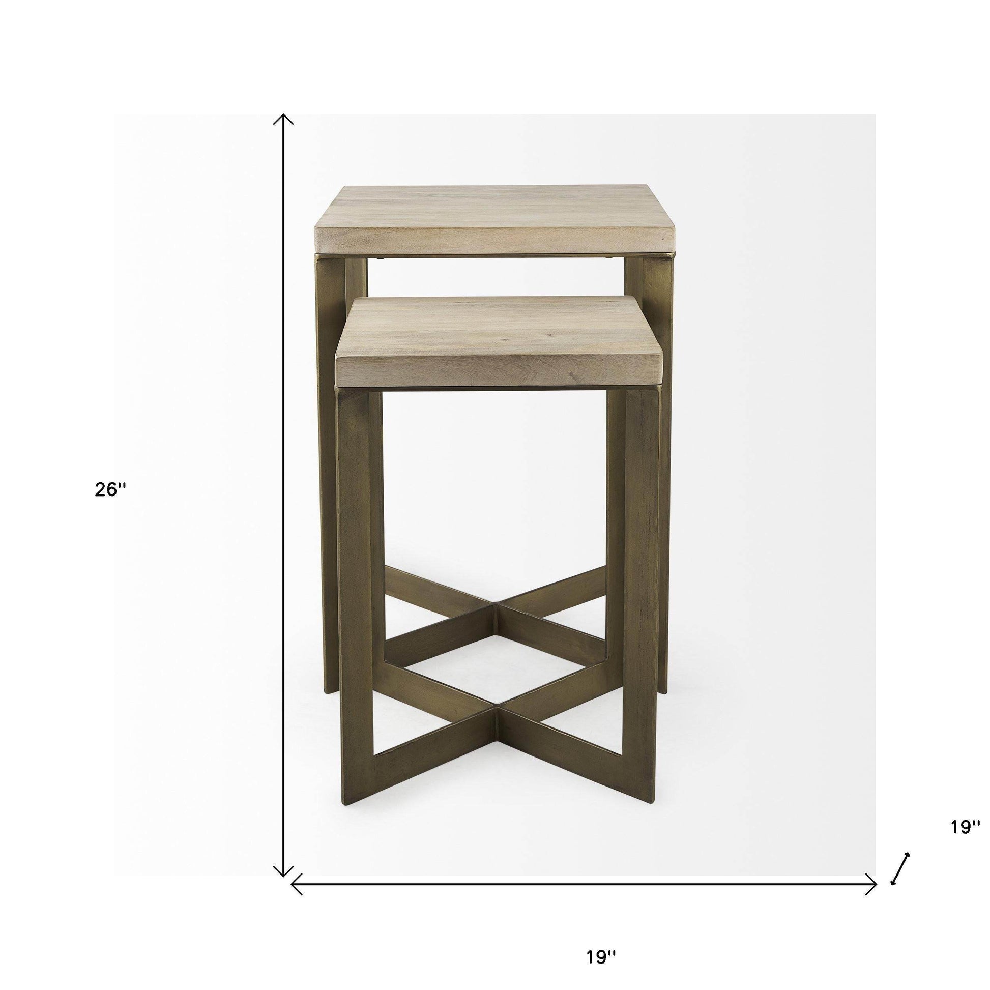 Set of Two Natural and Gold Solid Wood and Metal Square Cross Legs Nested Tables - Loft&Timber