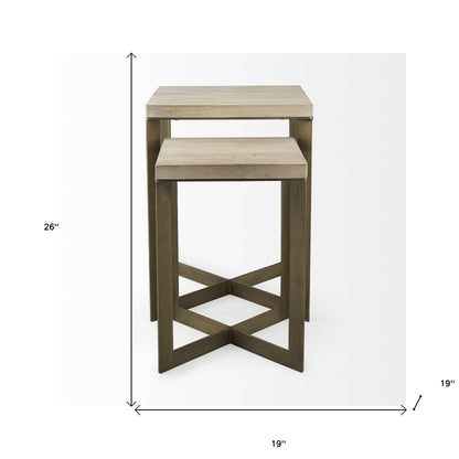 Set of Two Natural and Gold Solid Wood and Metal Square Cross Legs Nested Tables - Loft&Timber