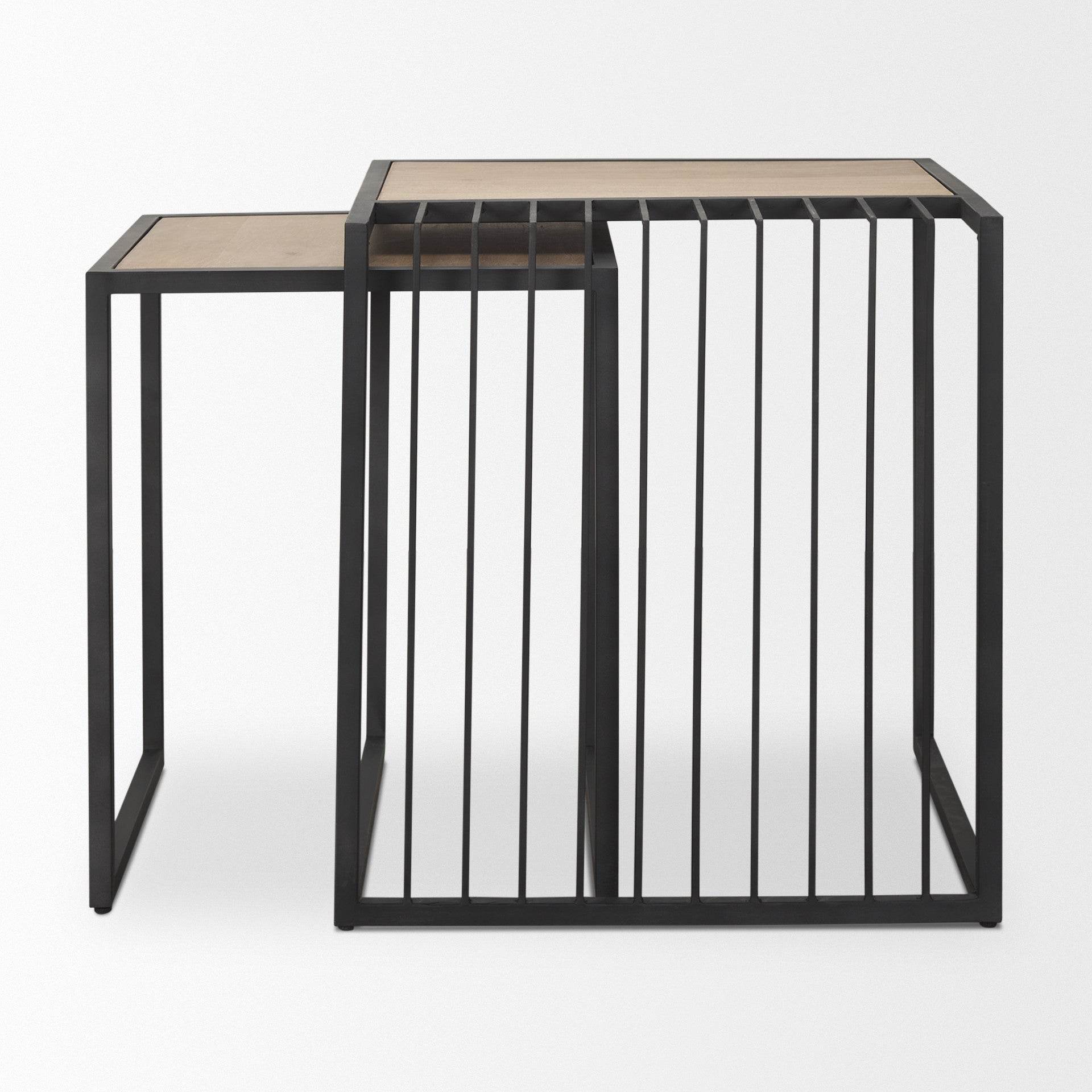 Set of Two Natural and Black Solid Wood and Metal Square Sled Nested Tables - Loft&Timber