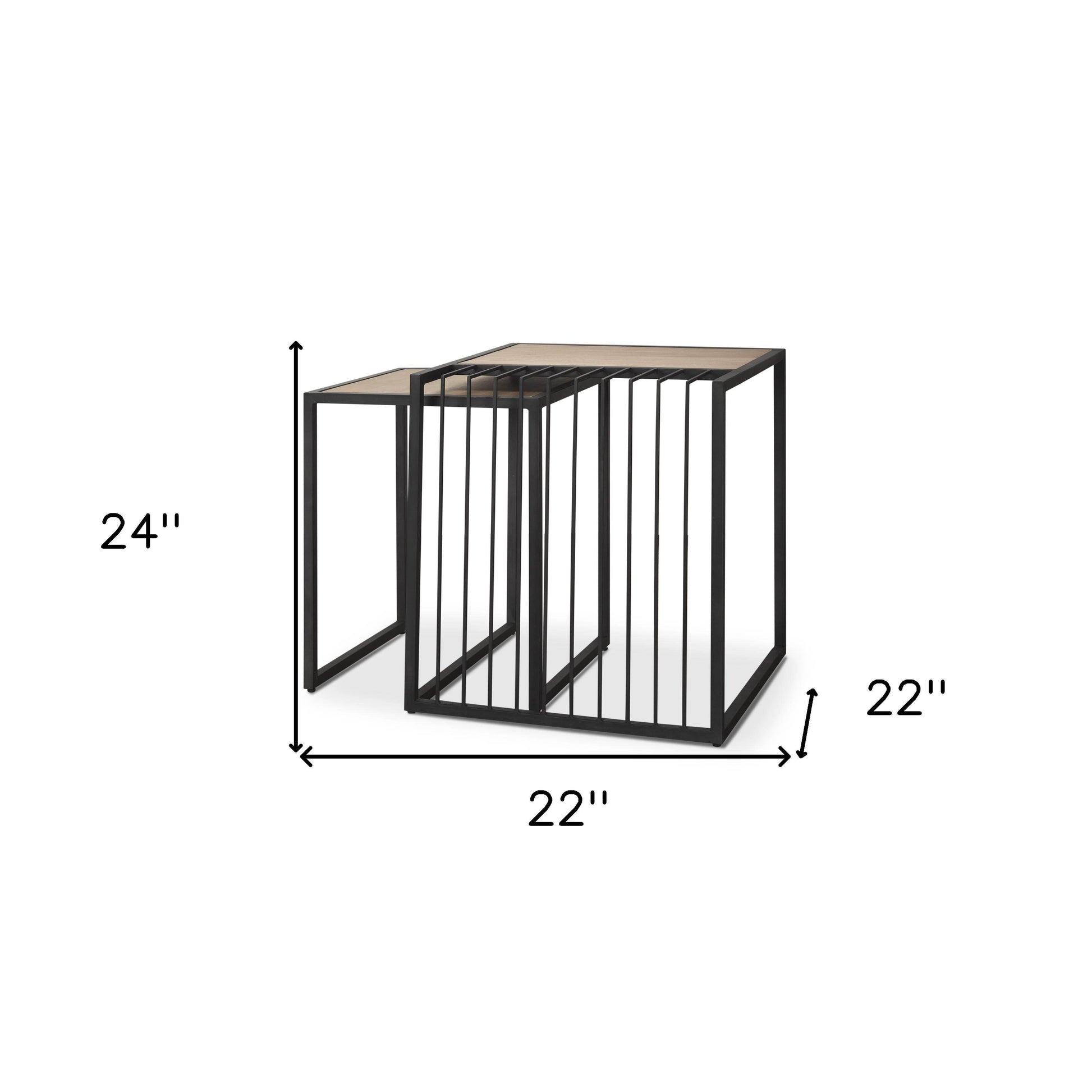Set of Two Natural and Black Solid Wood and Metal Square Sled Nested Tables - Loft&Timber