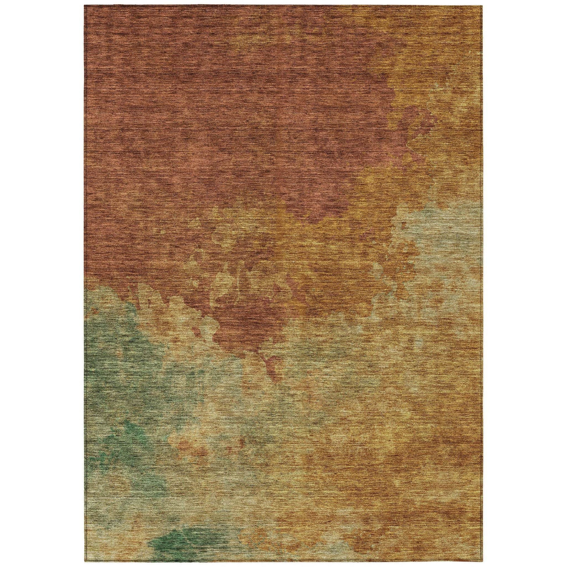 3' X 5' Terra Cotta Copper And Green Abstract Washable Indoor Outdoor Area Rug - Loft&Timber
