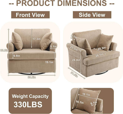 39Inch Swivel Chair CorduroyFabric Barrel Khaki Cushions - Loft&Timber