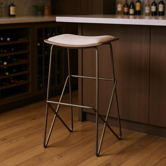 30" Cream and Gold Iron and Fabric Backless Bar Height Bar Chair - Loft&Timber