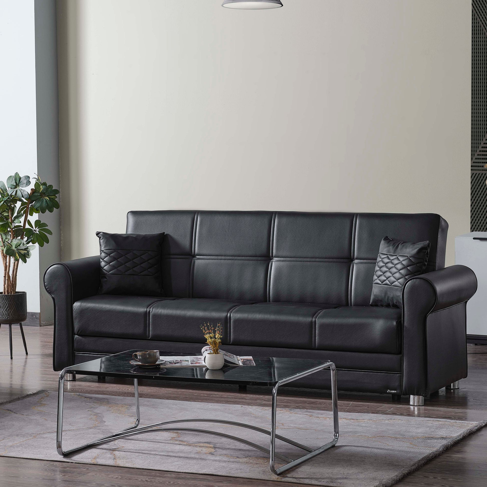 89" Black Faux Leather Convertible Futon Sleeper Sofa And Toss Pillows With Storage - Loft&Timber