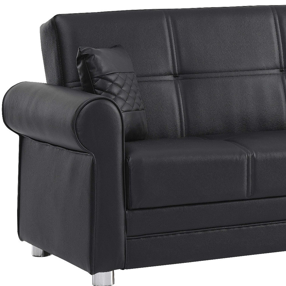 89" Black Faux Leather Convertible Futon Sleeper Sofa And Toss Pillows With Storage - Loft&Timber