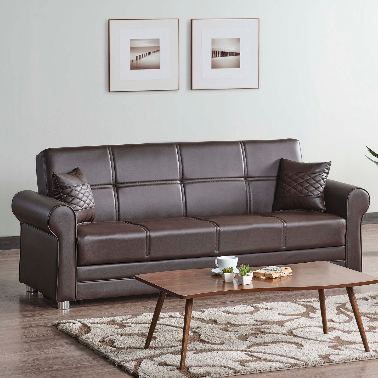 89" Brown Faux Leather Convertible Futon Sleeper Sofa And Toss Pillows With Storage - Loft&Timber