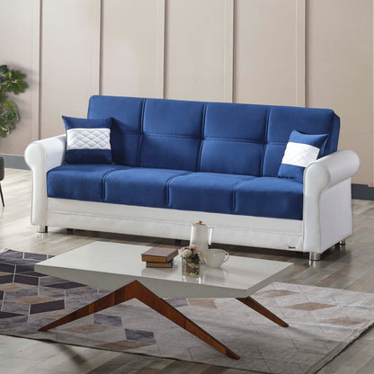 89" Sky Blue Polyester Convertible Futon Sleeper Sofa And Toss Pillows With Storage - Loft&Timber