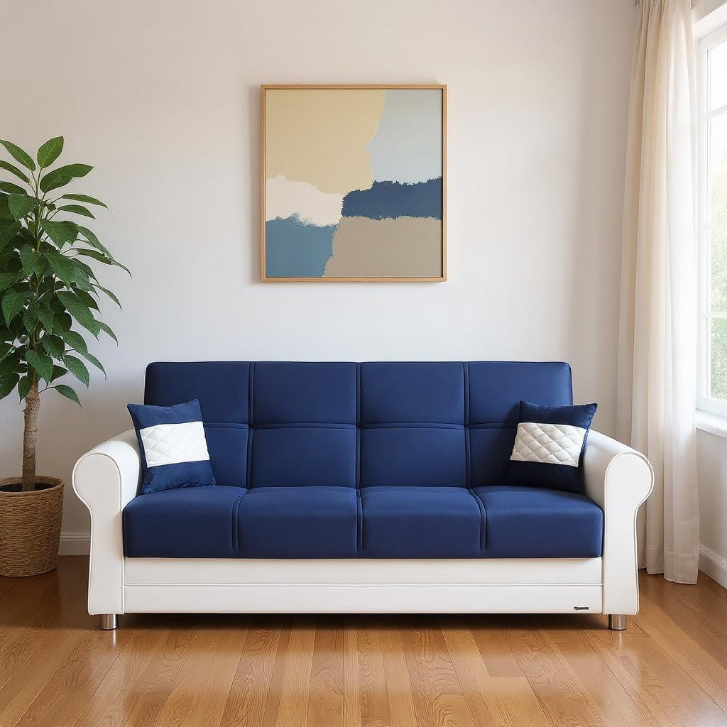 89" Sky Blue Polyester Convertible Futon Sleeper Sofa And Toss Pillows With Storage - Loft&Timber