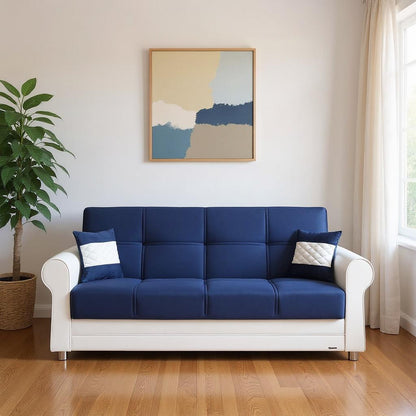 89" Sky Blue Polyester Convertible Futon Sleeper Sofa And Toss Pillows With Storage - Loft&Timber