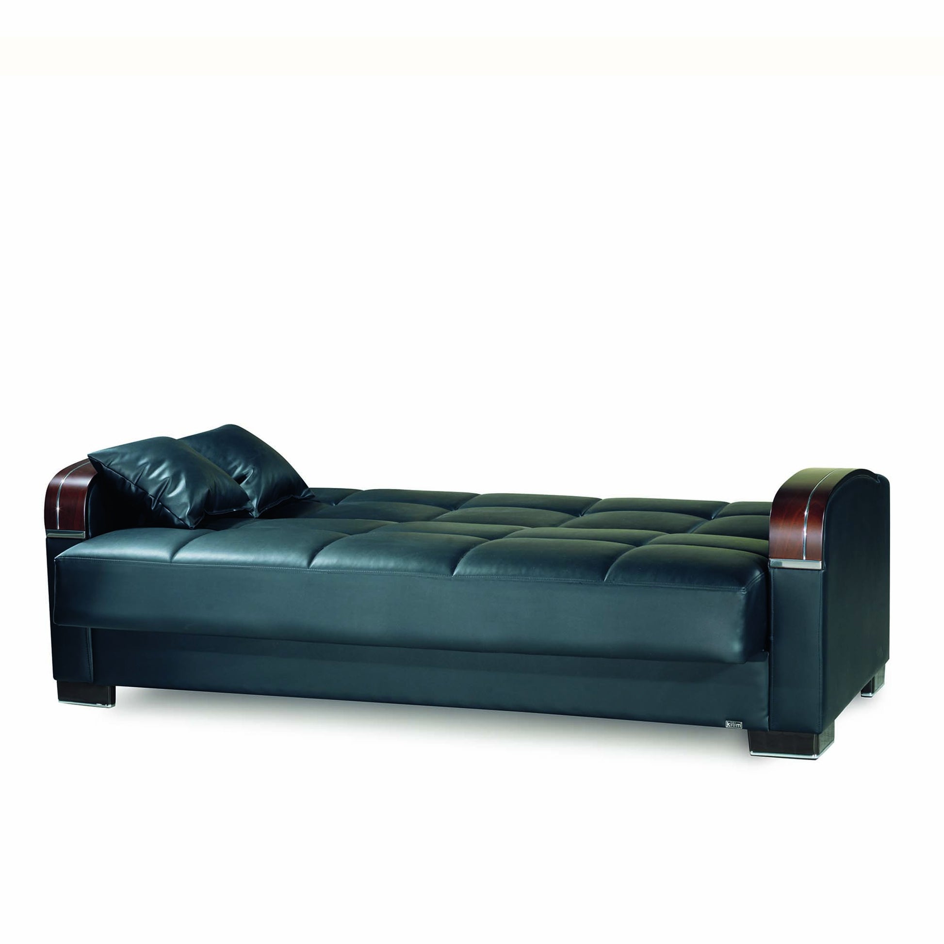 87" Black Faux Leather Convertible Futon Sleeper Sofa And Toss Pillows With Storage - Loft&Timber