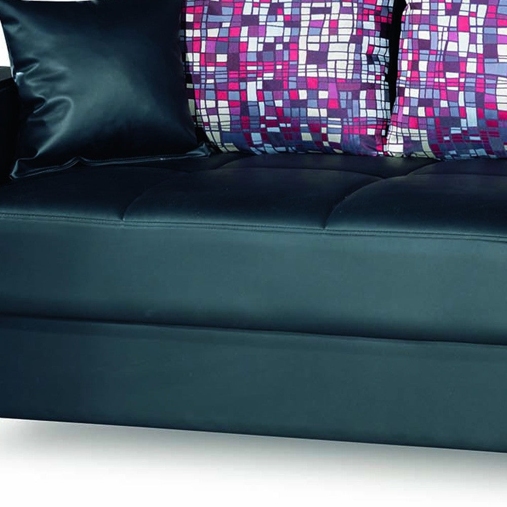 87" Black Faux Leather Convertible Futon Sleeper Sofa And Toss Pillows With Storage - Loft&Timber