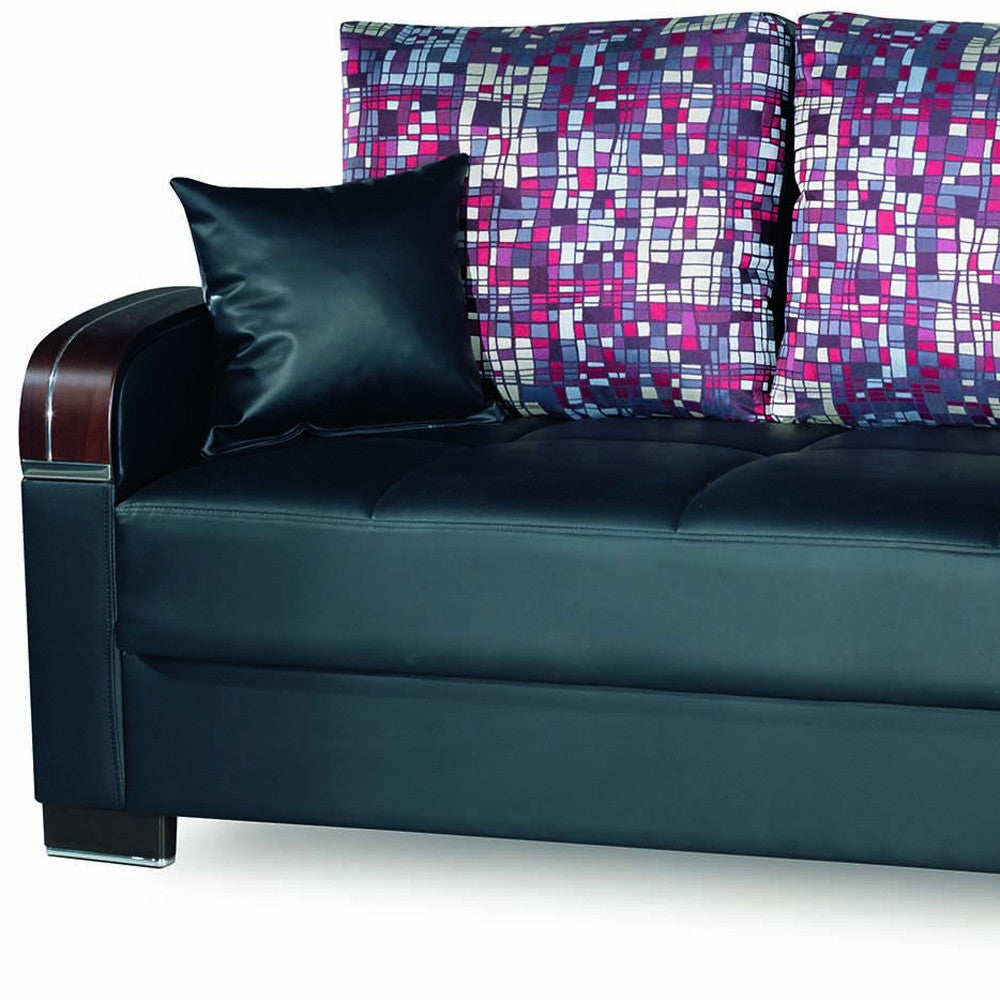 87" Black Faux Leather Convertible Futon Sleeper Sofa And Toss Pillows With Storage - Loft&Timber
