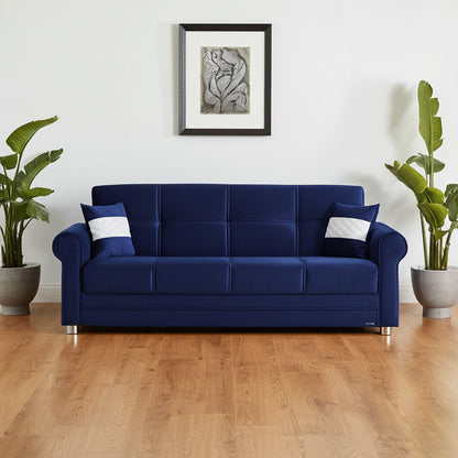 89" Blue Microfiber Convertible Futon Sleeper Sofa And Toss Pillows With Storage - Loft&Timber