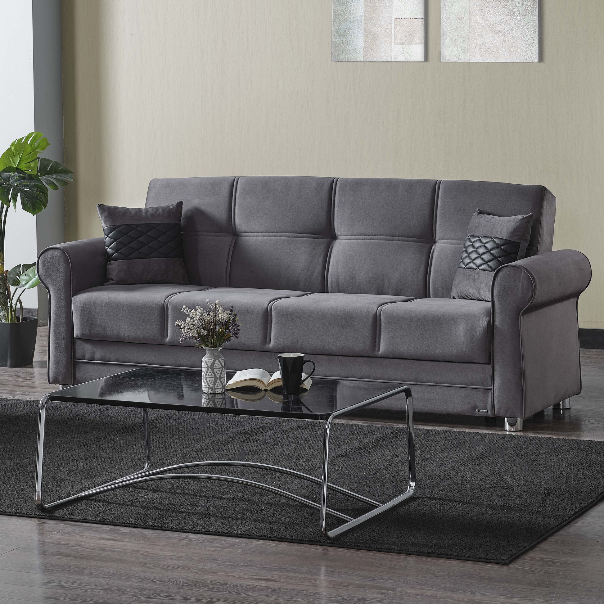 89" Gray Microfiber Convertible Futon Sleeper Sofa And Toss Pillows With Storage - Loft&Timber