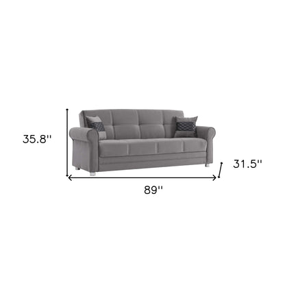 89" Gray Microfiber Convertible Futon Sleeper Sofa And Toss Pillows With Storage - Loft&Timber