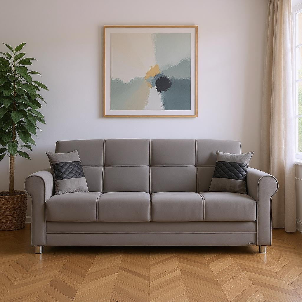 89" Gray Microfiber Convertible Futon Sleeper Sofa And Toss Pillows With Storage - Loft&Timber