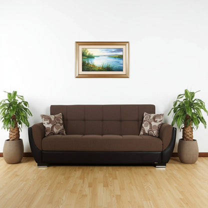 93" Brown Chenille And Faux Leather Convertible Futon Sleeper Sofa And Toss Pillows With Storage-0