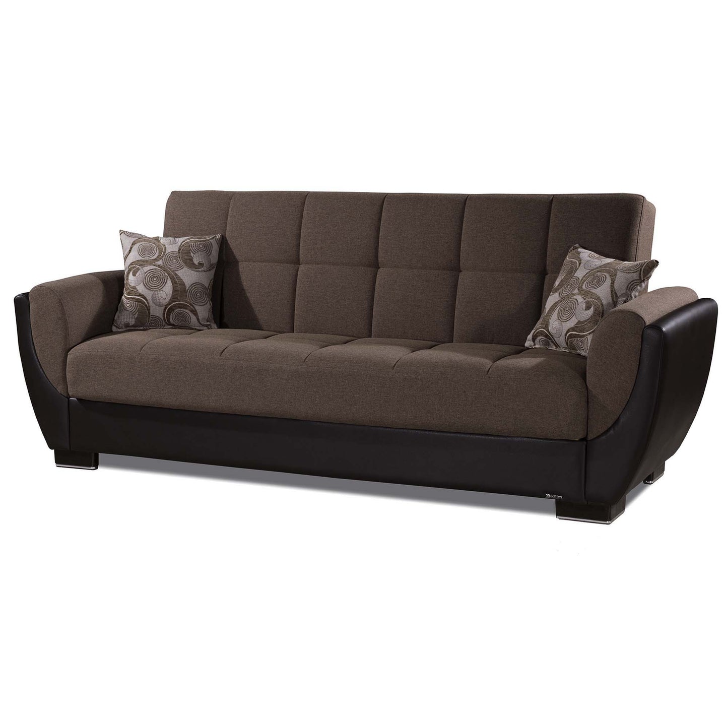 93" Brown Chenille And Faux Leather Convertible Futon Sleeper Sofa And Toss Pillows With Storage-1