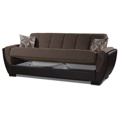 93" Brown Chenille And Faux Leather Convertible Futon Sleeper Sofa And Toss Pillows With Storage-2
