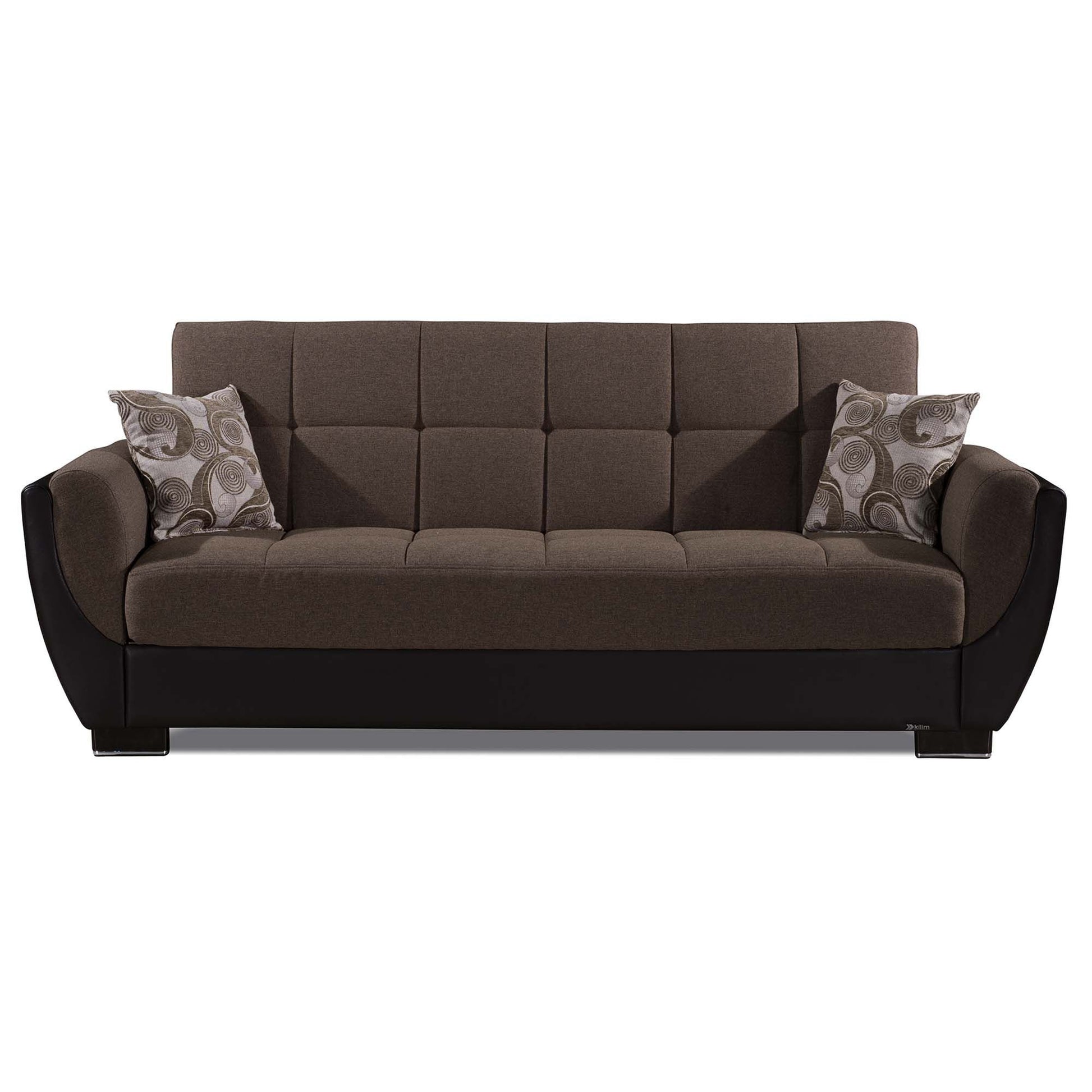 93" Brown Chenille And Faux Leather Convertible Futon Sleeper Sofa And Toss Pillows With Storage-4