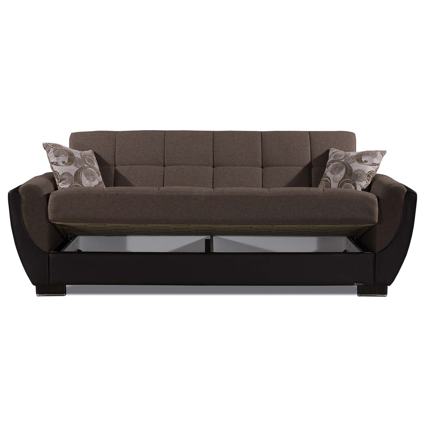 93" Brown Chenille And Faux Leather Convertible Futon Sleeper Sofa And Toss Pillows With Storage-6