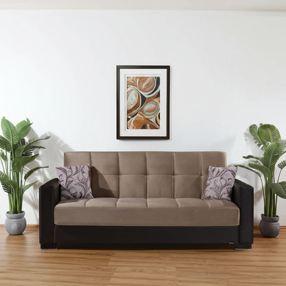 87" Sand And Brown Chenille And Faux Leather Convertible Futon Sleeper Sofa And Toss Pillows With Storage - Loft&Timber