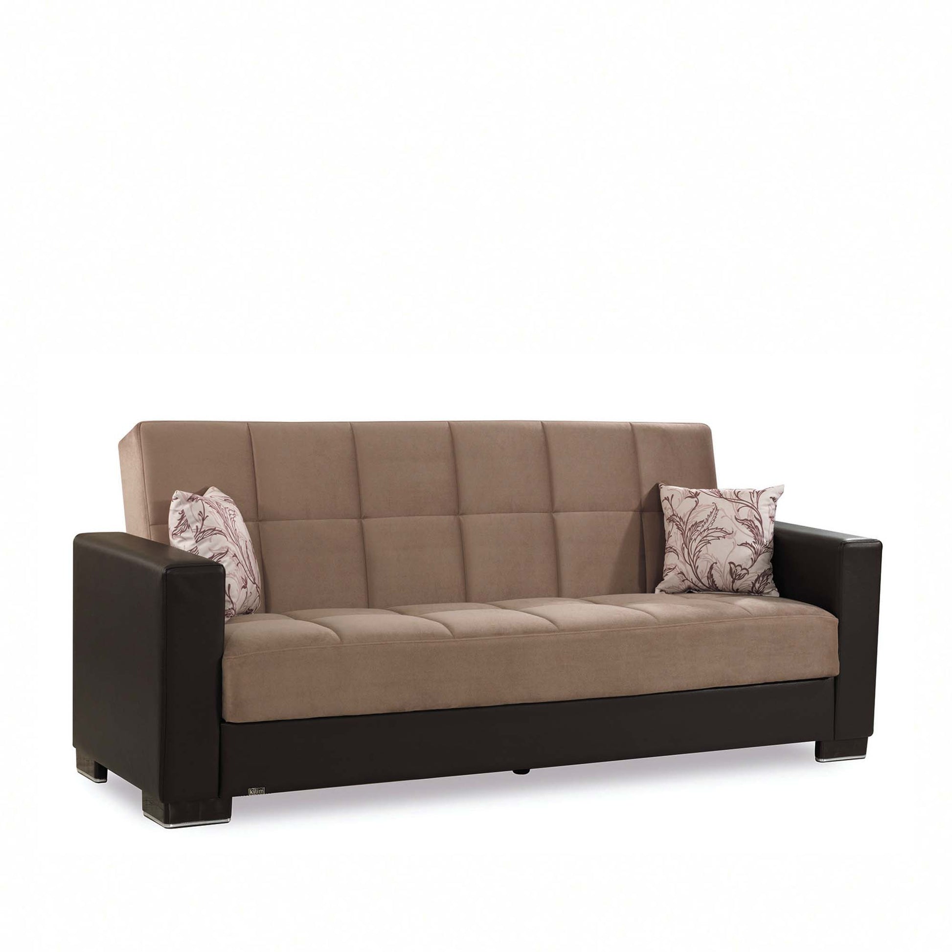 87" Sand And Brown Chenille And Faux Leather Convertible Futon Sleeper Sofa And Toss Pillows With Storage - Loft&Timber