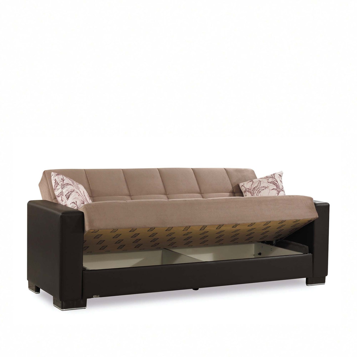 87" Sand And Brown Chenille And Faux Leather Convertible Futon Sleeper Sofa And Toss Pillows With Storage - Loft&Timber