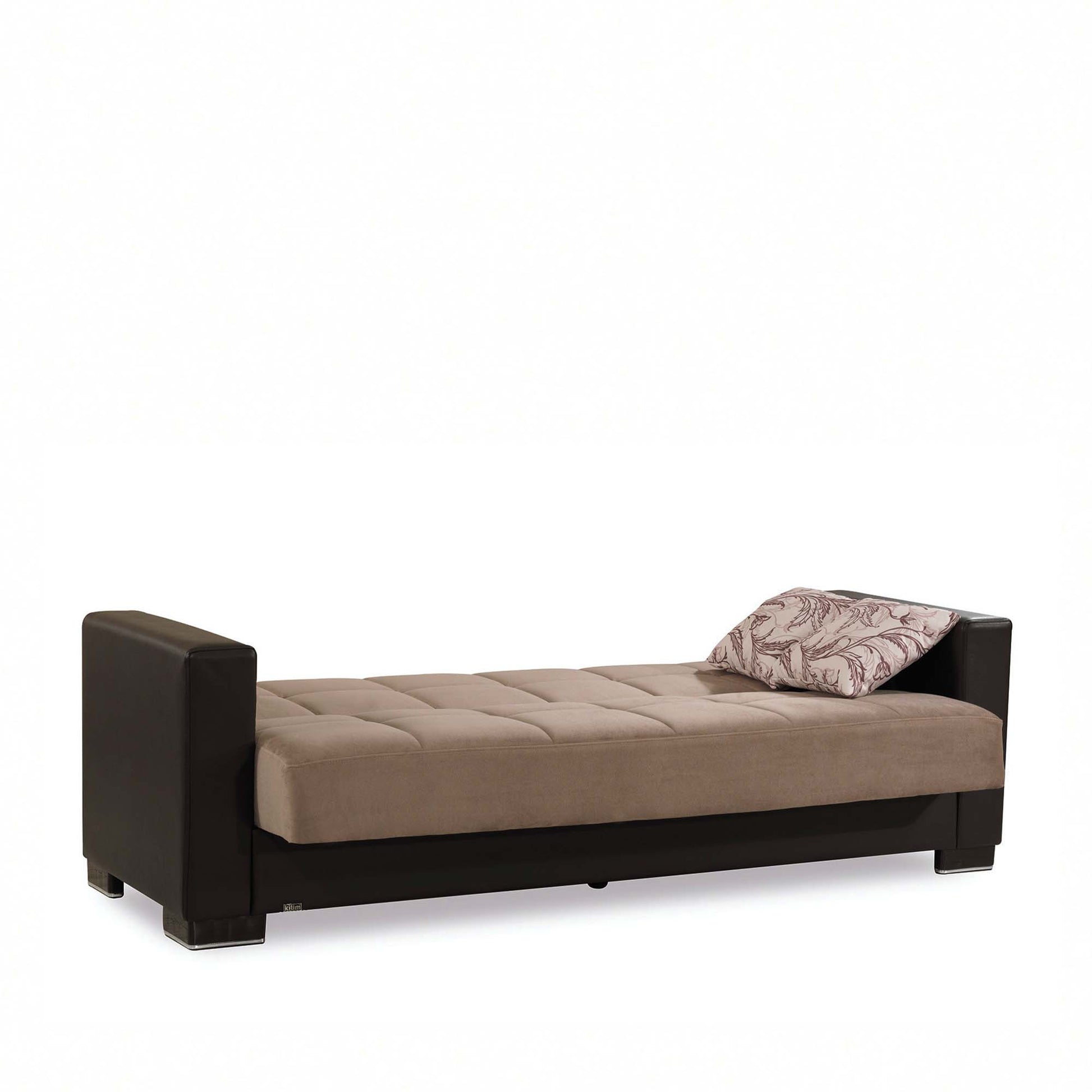 87" Sand And Brown Chenille And Faux Leather Convertible Futon Sleeper Sofa And Toss Pillows With Storage - Loft&Timber