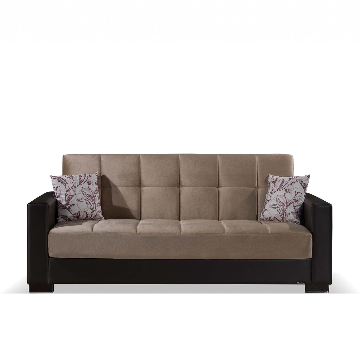 87" Sand And Brown Chenille And Faux Leather Convertible Futon Sleeper Sofa And Toss Pillows With Storage - Loft&Timber