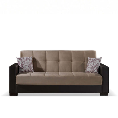 87" Sand And Brown Chenille And Faux Leather Convertible Futon Sleeper Sofa And Toss Pillows With Storage - Loft&Timber