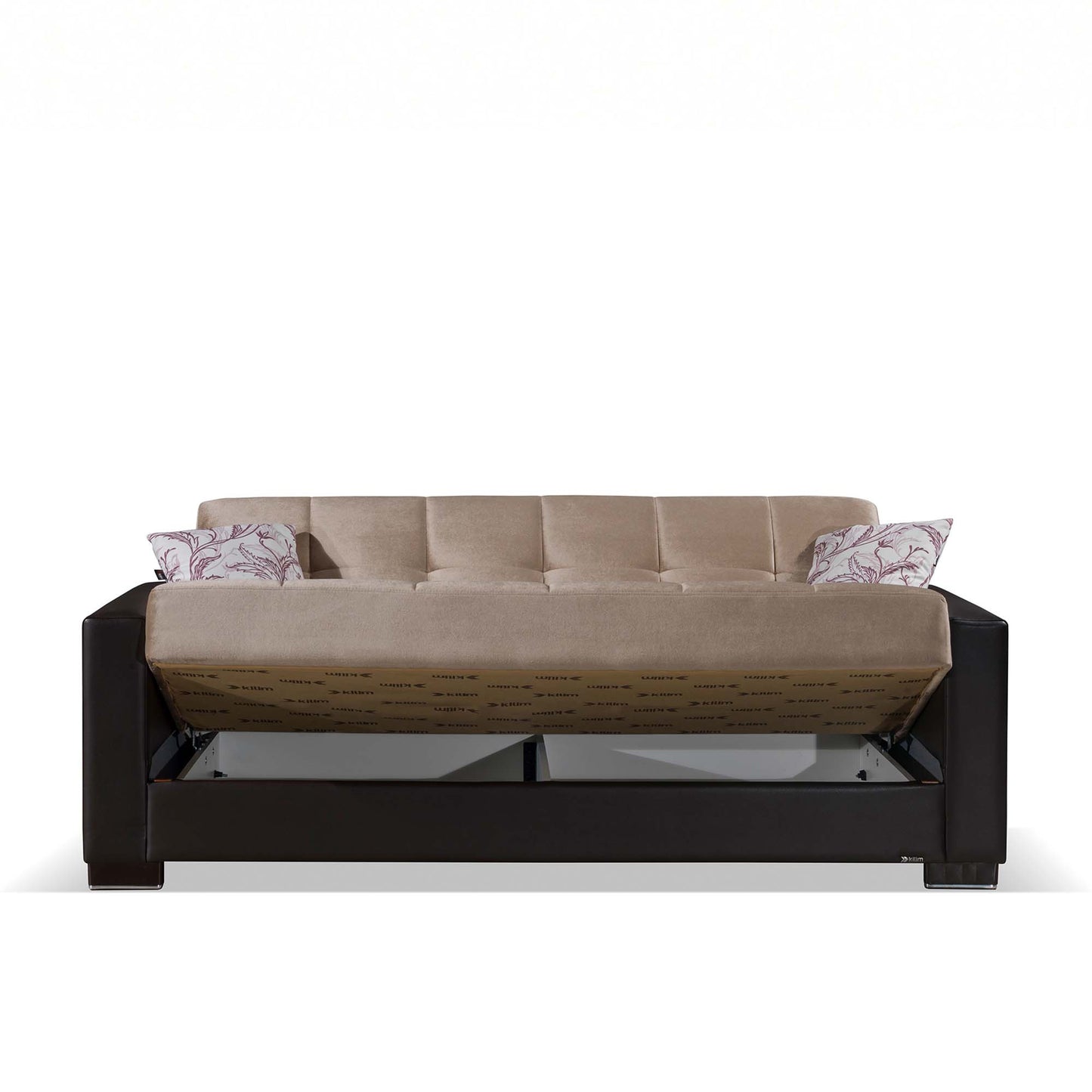 87" Sand And Brown Chenille And Faux Leather Convertible Futon Sleeper Sofa And Toss Pillows With Storage - Loft&Timber