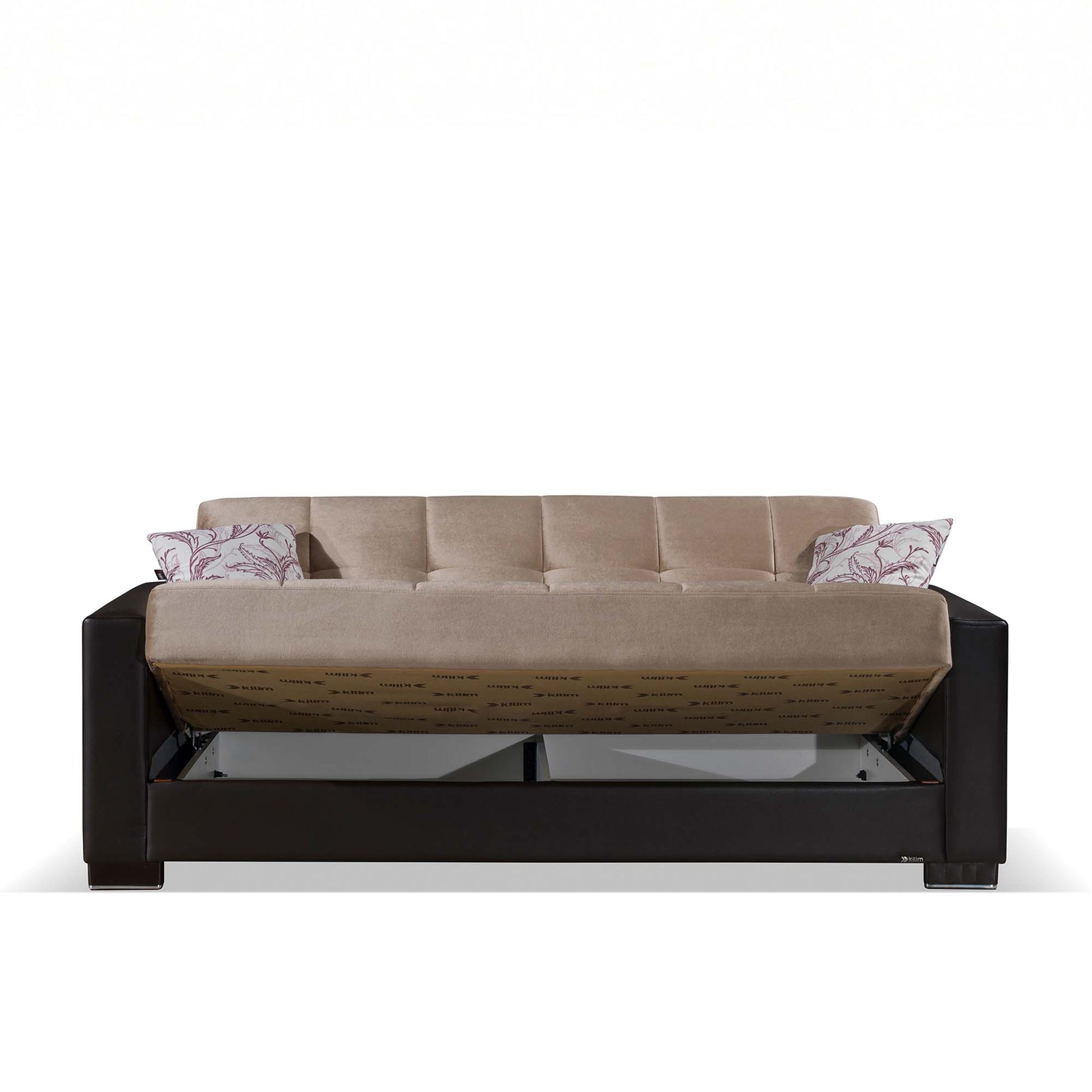 87" Sand And Brown Chenille And Faux Leather Convertible Futon Sleeper Sofa And Toss Pillows With Storage - Loft&Timber