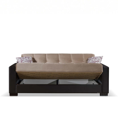 87" Sand And Brown Chenille And Faux Leather Convertible Futon Sleeper Sofa And Toss Pillows With Storage - Loft&Timber