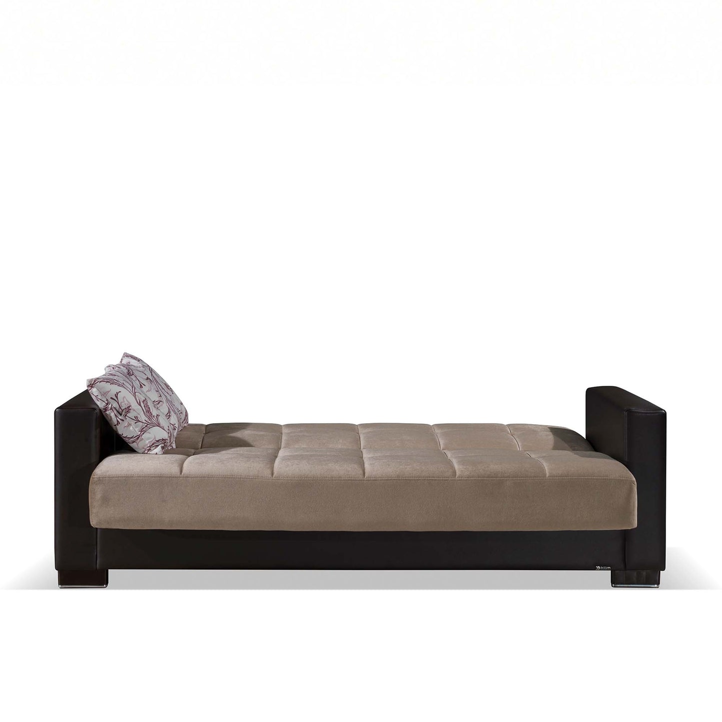 87" Sand And Brown Chenille And Faux Leather Convertible Futon Sleeper Sofa And Toss Pillows With Storage - Loft&Timber