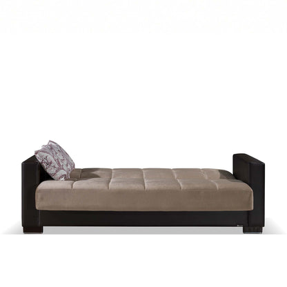 87" Sand And Brown Chenille And Faux Leather Convertible Futon Sleeper Sofa And Toss Pillows With Storage - Loft&Timber
