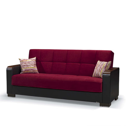 87" Burgundy Microfiber And Faux Leather Convertible Futon Sleeper Sofa And Toss Pillows With Storage - Loft&Timber