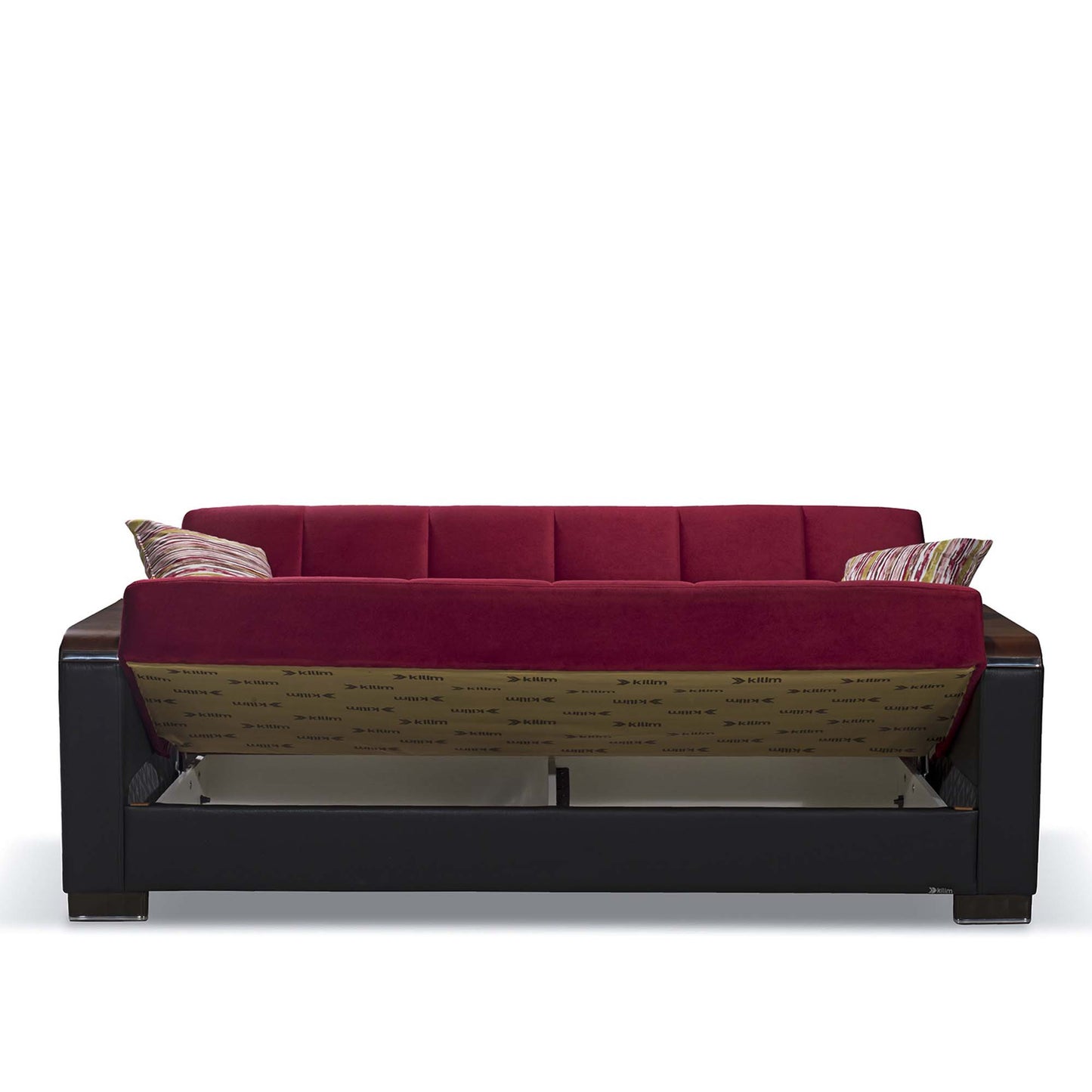 87" Burgundy Microfiber And Faux Leather Convertible Futon Sleeper Sofa And Toss Pillows With Storage - Loft&Timber