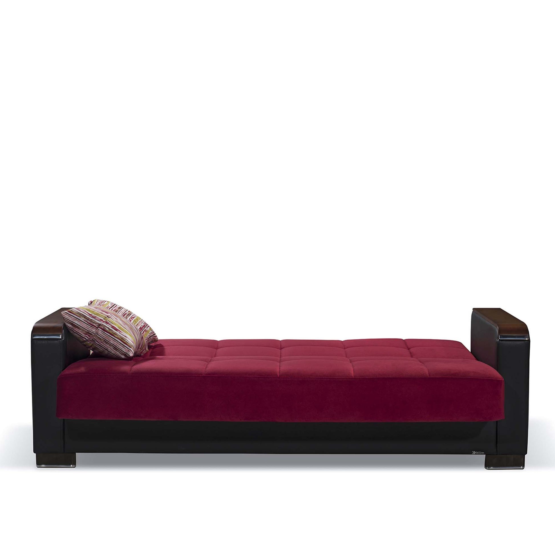 87" Burgundy Microfiber And Faux Leather Convertible Futon Sleeper Sofa And Toss Pillows With Storage - Loft&Timber