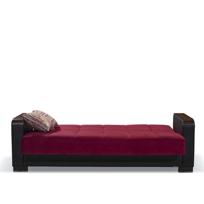 87" Burgundy Microfiber And Faux Leather Convertible Futon Sleeper Sofa And Toss Pillows With Storage - Loft&Timber