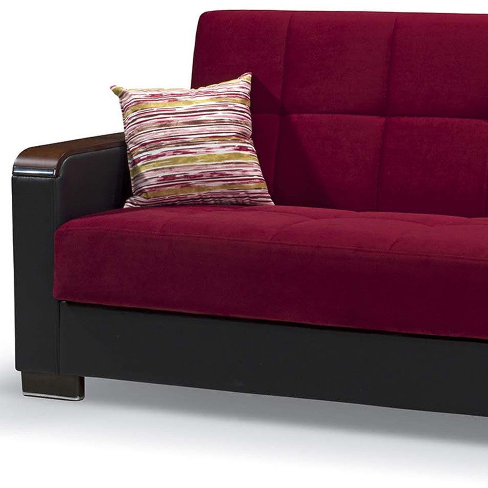 87" Burgundy Microfiber And Faux Leather Convertible Futon Sleeper Sofa And Toss Pillows With Storage - Loft&Timber