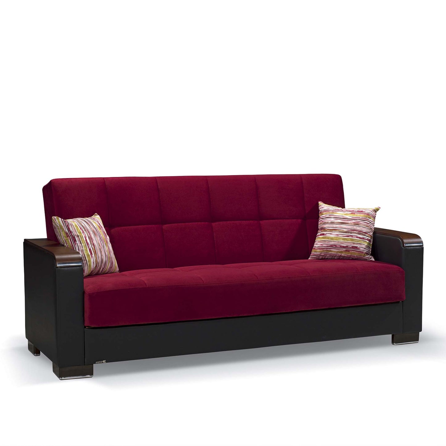 87" Burgundy Microfiber And Faux Leather Convertible Futon Sleeper Sofa And Toss Pillows With Storage - Loft&Timber