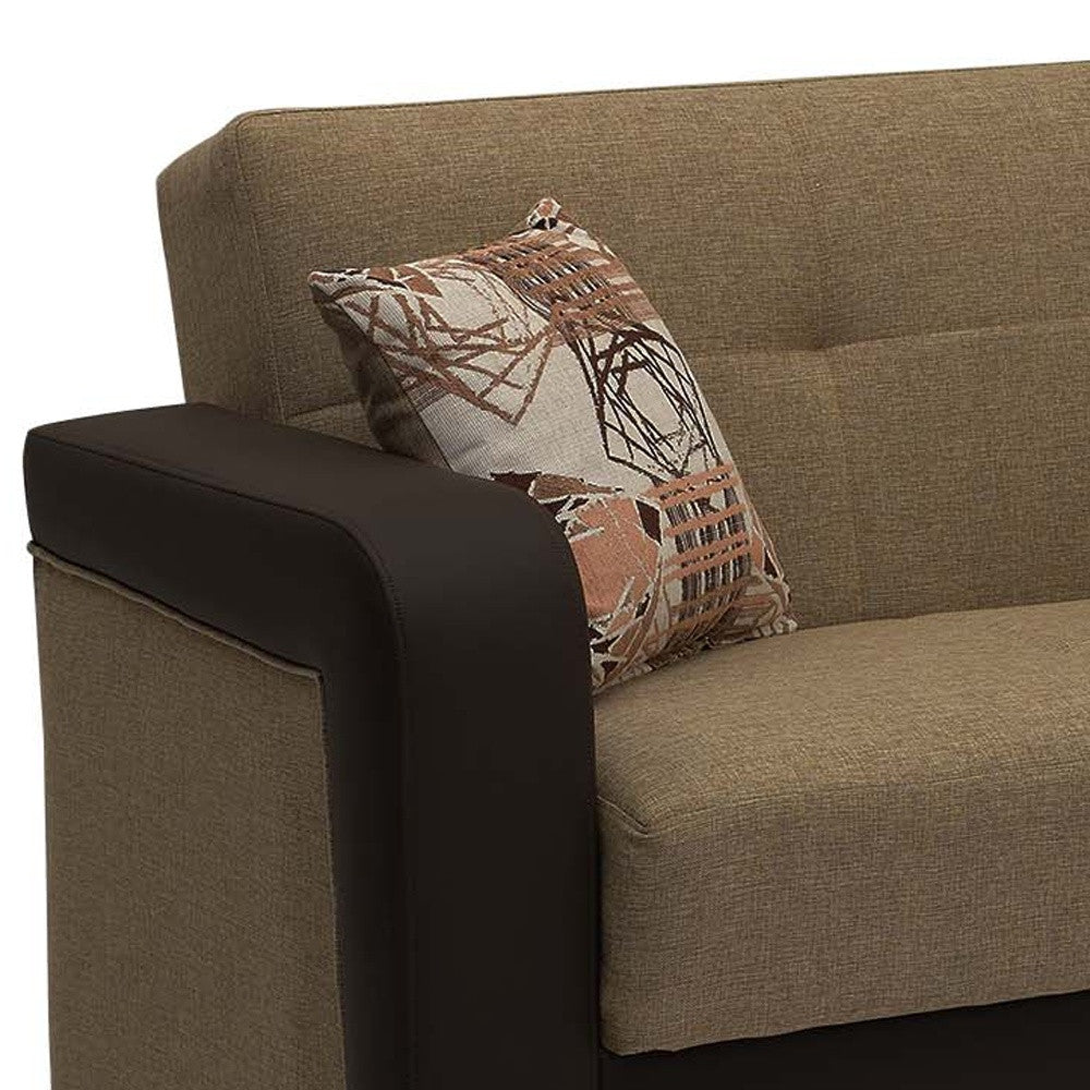 90" Brown Chenille And Faux Leather Convertible Futon Sleeper Sofa And Toss Pillows With Storage-4