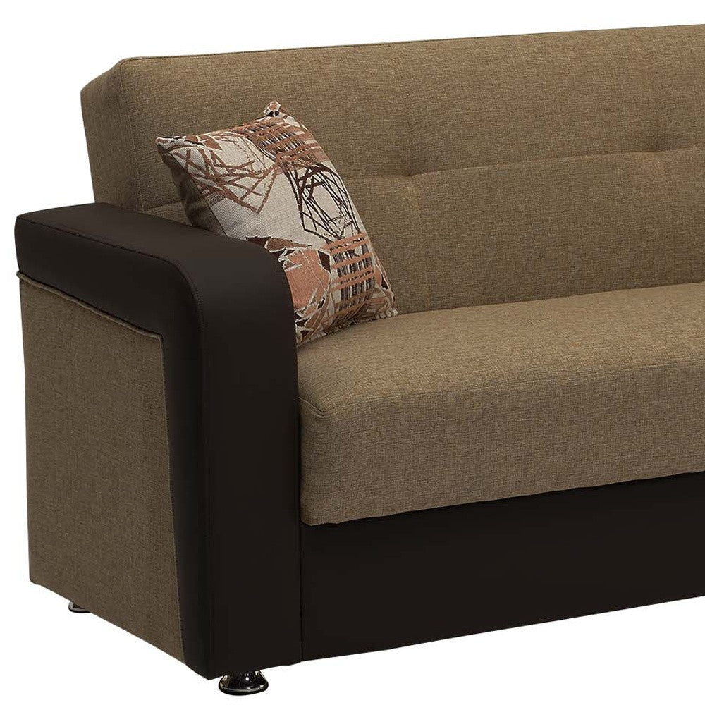 90" Brown Chenille And Faux Leather Convertible Futon Sleeper Sofa And Toss Pillows With Storage-5