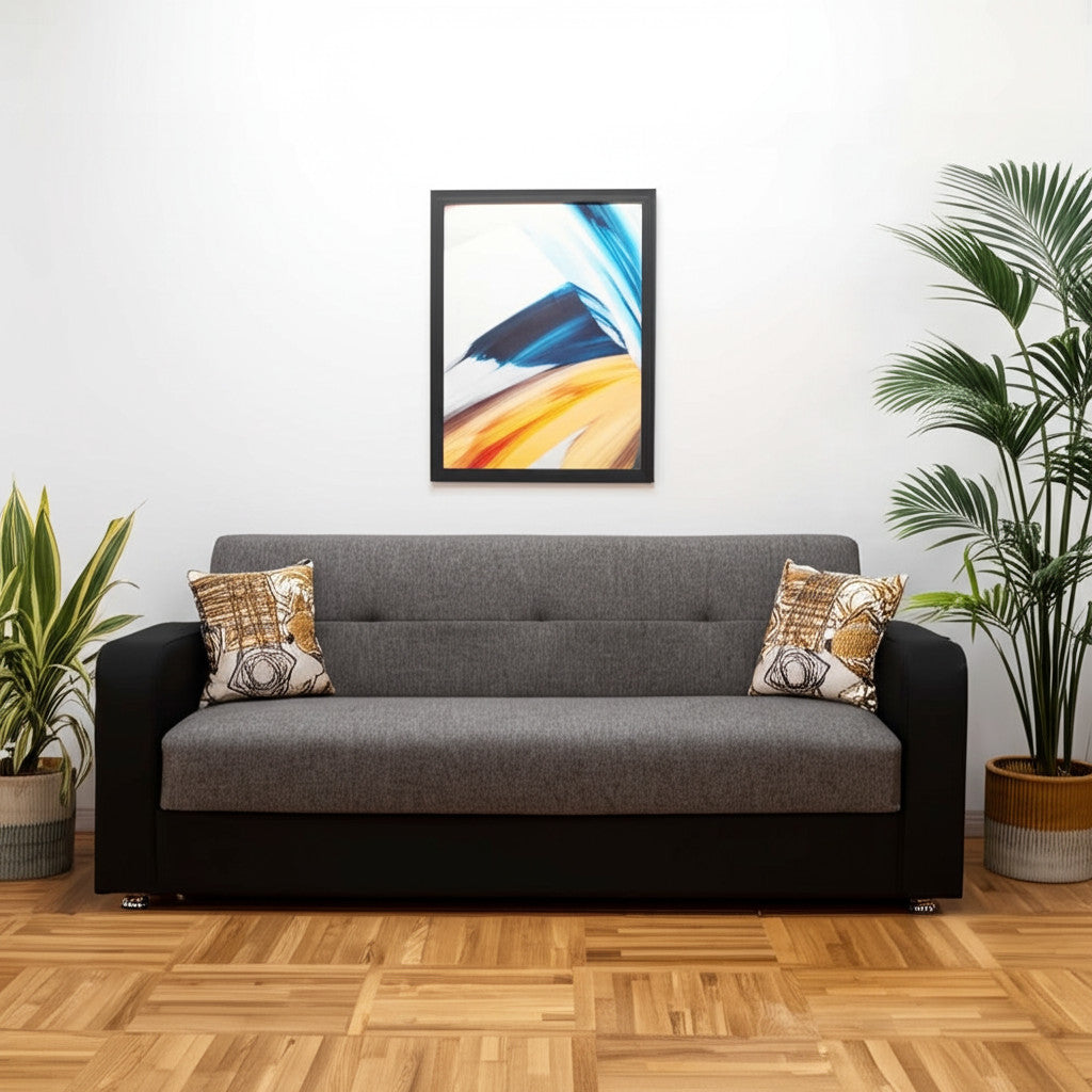 90" Gray Chenille And Faux Leather Convertible Futon Sleeper Sofa And Toss Pillows With Storage - Loft&Timber