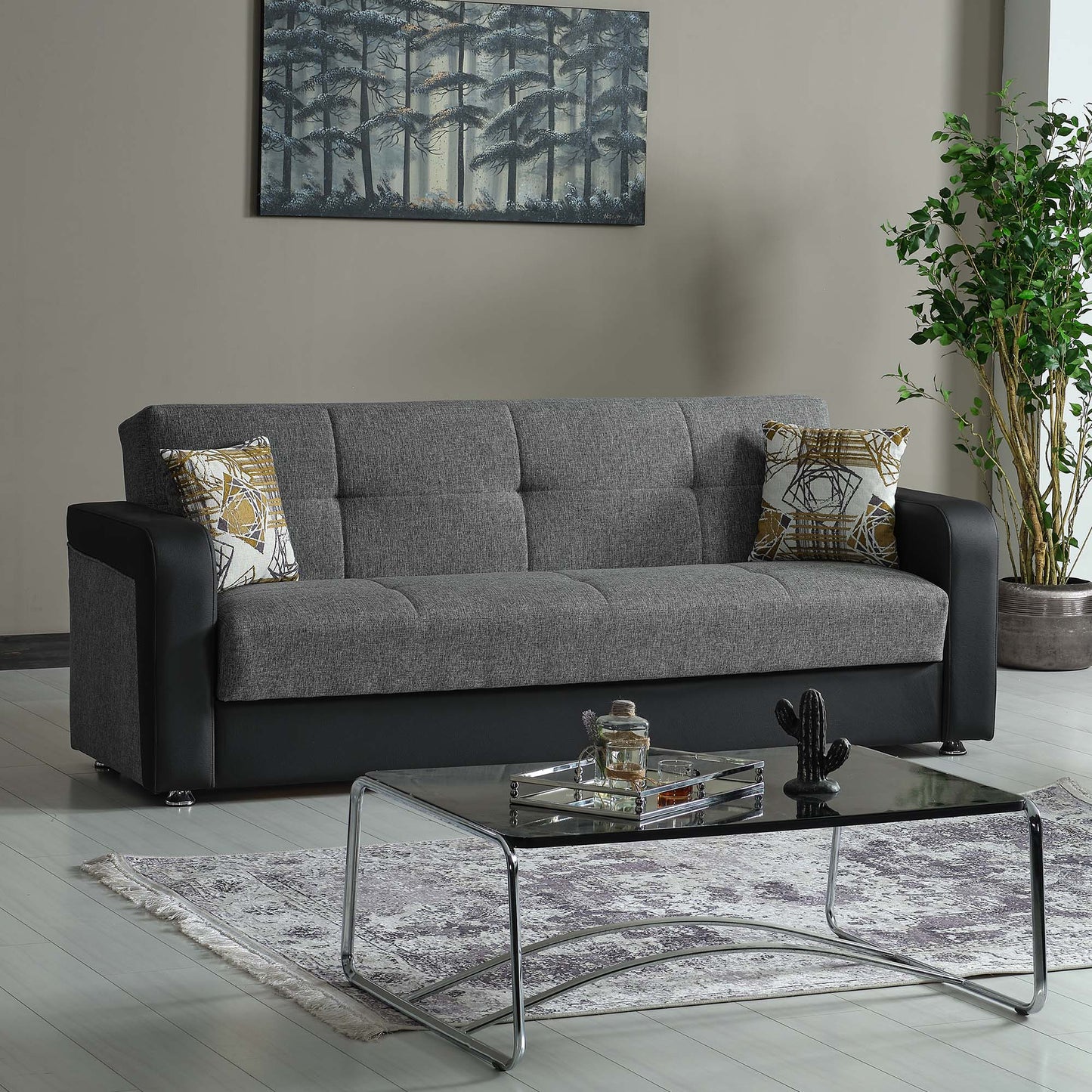 90" Gray Chenille And Faux Leather Convertible Futon Sleeper Sofa And Toss Pillows With Storage - Loft&Timber