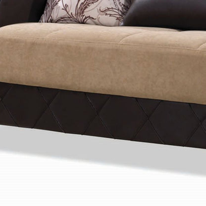 89" Brown Microfiber And Faux Leather Convertible Futon Sleeper Sofa And Toss Pillows With Storage - Loft&Timber