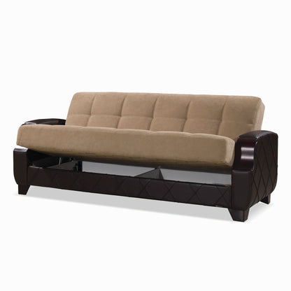 89" Brown Microfiber And Faux Leather Convertible Futon Sleeper Sofa And Toss Pillows With Storage - Loft&Timber