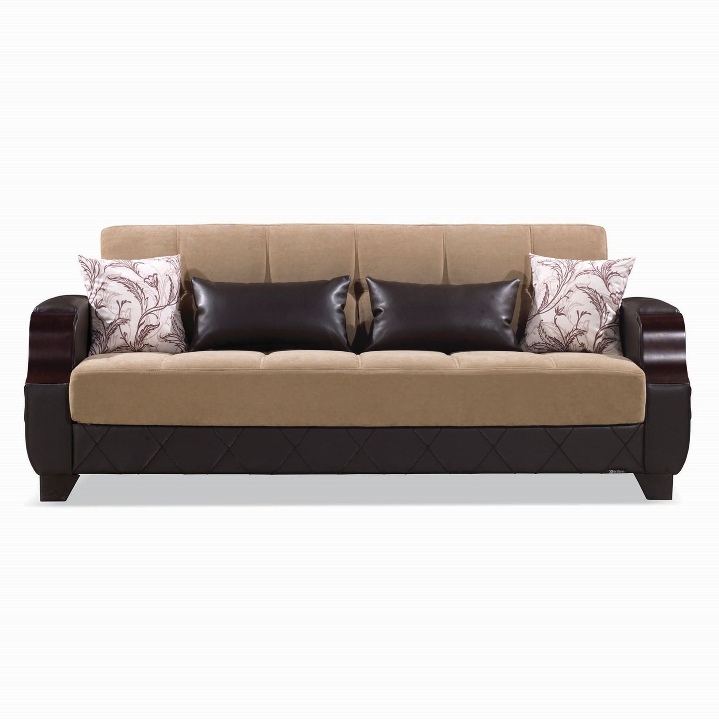 89" Brown Microfiber And Faux Leather Convertible Futon Sleeper Sofa And Toss Pillows With Storage - Loft&Timber
